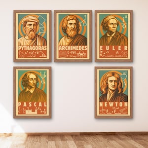 May include: Set of six framed vintage-style posters featuring portraits of famous mathematicians and scientists: Pythagoras, Archimedes, Euler, Pascal, and Newton. Each poster has a teal background, an orange halo, and includes mathematical formulas and text.