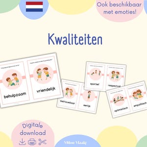 Op de afbeelding: Een set geïllustreerde kaarten met Nederlandse tekst, met woorden als "behulpzaam" en "vriendelijk" en bijbehorende afbeeldingen van kinderen. De kaarten zijn gelabeld met "Kwaliteiten" en zijn beschikbaar als digitale download.