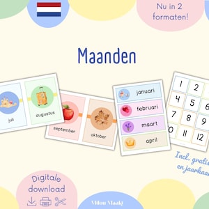 Könnte beinhalten: Ein Satz Lernkarten mit dem Wort "Maanden" und der niederländischen Flagge. Die Karten zeigen Monate mit Illustrationen von Koffer, Apfel und Blatt. Zusätzliche Karten zeigen Zahlen und Monate auf Niederländisch. Der Text "Digitale download" ist ebenfalls sichtbar.