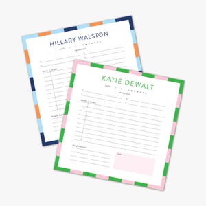 May include: Two colorful notepads with lined pages. One notepad has a blue, orange, and light blue striped border and the name "HILLARY WALSTON" at the top. The other notepad has a pink and green striped border and the name "KATIE DEWALT".