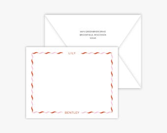 Personalized Wavy Ribbon Border Stationery | Custom Name Notecards with Envelope | Preppy Flat Note Cards
