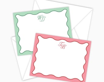 Wavy Border Monogram Personalized Stationery Set: Two-Tone Striped Notecards with Envelopes