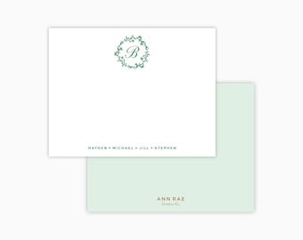 Floral Wreath Monogram Personalized Stationery Set: Custom Initial Notecards with Envelopes