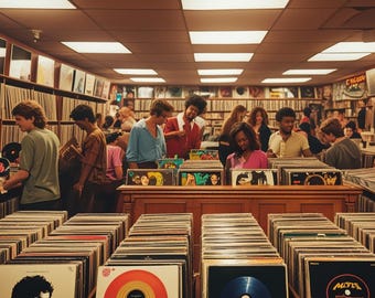 May include: A record store filled with people browsing vinyl records. Rows of albums are displayed in wooden shelves and bins. Customers are looking at the album covers. The store is well-lit with overhead lights.
