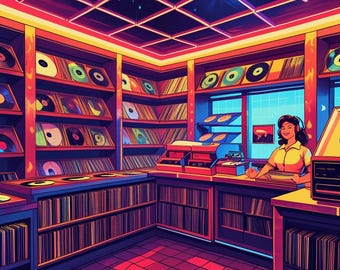 Può includere: Illustrazione di un negozio di dischi con scaffali pieni di vinili. Una donna è dietro un bancone con un giradischi. Il negozio ha un'estetica retrò con toni rossi, gialli e blu.