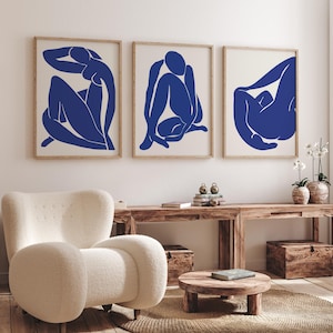 Conjunto de 3 impresiones de Henri Matisse, obra de arte moderna de mediados de siglo, decoración de cuerpo de mujer, línea azul marino, conjunto floral moderno de 3 piezas, impresiones de Matisse