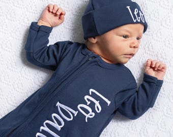 Baby Boy Clothes Gift For Newborn Baby Boy Coming Home Outfit For  Boy Embroidered newborn romper with name Newborn photo outfit Newborn Hat