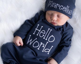 Personalized Navy Baby Boy Romper: "Hello World" Name Outfit
