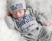Baby Boy Romper with Fold Over Feet and Mittens -  Optional Hat- Custom Gray Outfit Embroidered with Choice of Thread Color- Preemie - 3-6m