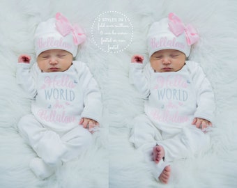 Baby Girl Coming Home Outfit Baby Girl Clothes Personalized Baby Girl Gift Hello World Outfit Newborn Girl Clothes Newborn Girl Hat