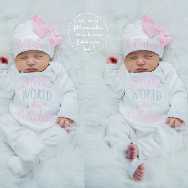 Baby Girl Coming Home Outfit Baby Girl Clothes Personalized Baby Girl Gift Hello World Outfit Newborn Girl Clothes Newborn Girl Hat