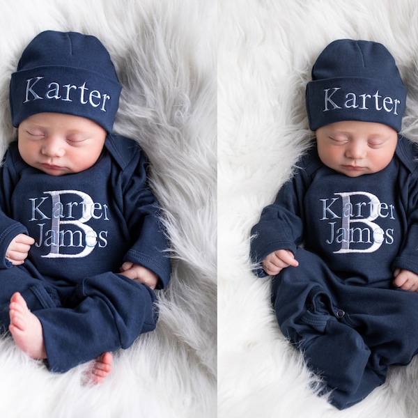 Newborn Boy Clothes Newborn Boy Coming Home Outfit Baby Boy Gift Newborn Boy Outfit Monogrammed Baby Boy Outfit Newborn Hat Newborn Gift