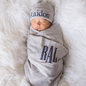 Newborn Boy Coming Home Outfit Newborn Boy Mongrammed Swaddle Blanket Baby Boy Gift Personalized Baby Boy Gift Newborn Hat Newborn Boy Gift