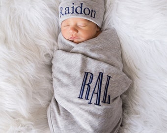 Newborn Boy Coming Home Outfit Newborn Boy Mongrammed Swaddle Blanket Baby Boy Gift Personalized Baby Boy Gift Newborn Hat Newborn Boy Gift