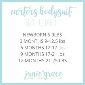 May include: Carters bodysuit size chart with weight ranges for newborn to 12 months. Newborn 6-9 lbs, 3 months 9-12.5 lbs, 6 months 12-17 lbs, 9 months 17-21 lbs, 12 months 21-25 lbs. Junie Grace Wearable Keepsakes for Little Ones.