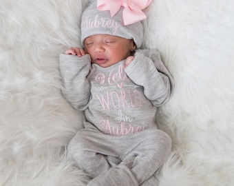 Baby Girl Coming Home Outfit Baby Girl Clothes Personalized Baby Girl Gift Personalized Baby Girl Outfit Newborn Girl Clothes Newborn Hat