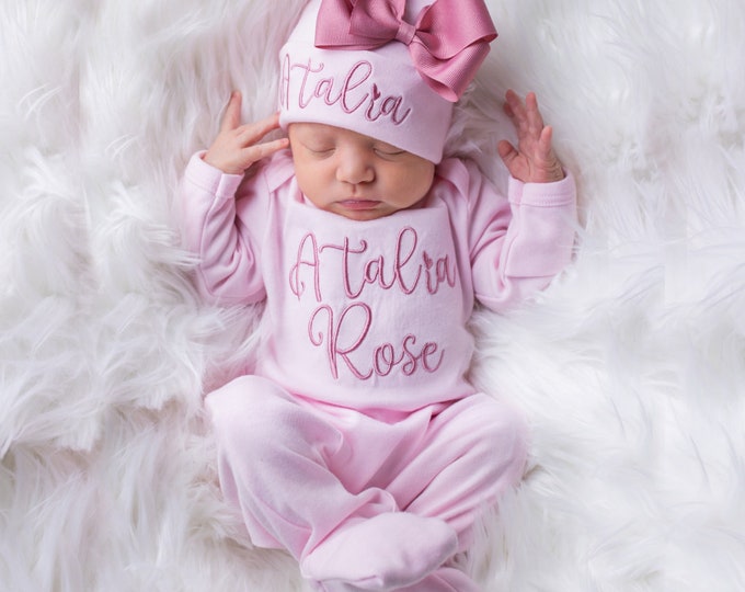 Baby Girl Coming Home Outfit Baby Girl Clothes Personalized Baby Girl Gift Personalized Baby Girl Outfit Newborn Girl Clothes Newborn Hat