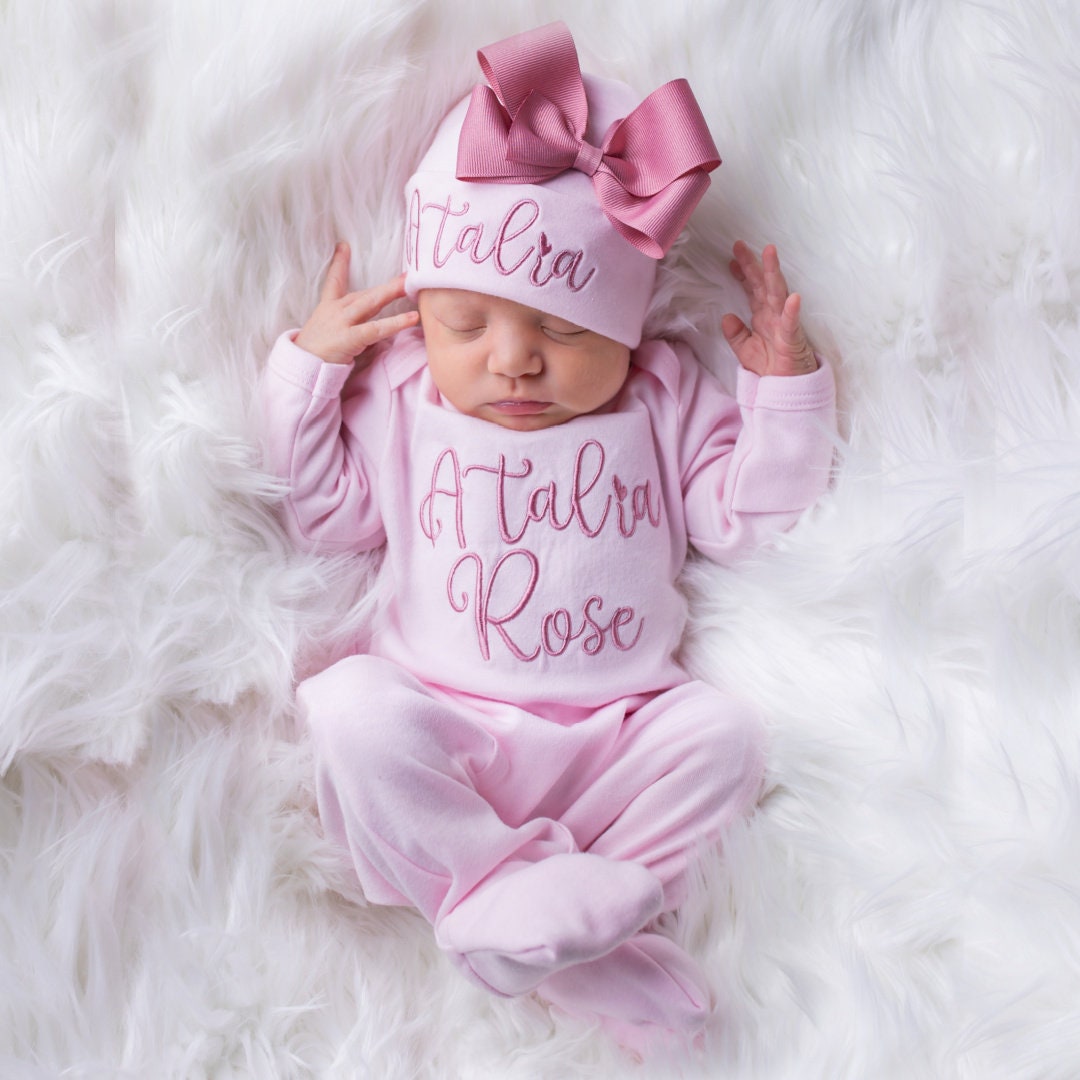 Baby Girl Coming Home Outfit Baby Girl Clothes Personalized Baby Girl Gift Personalized Baby Girl Outfit Newborn Girl Clothes Newborn Hat