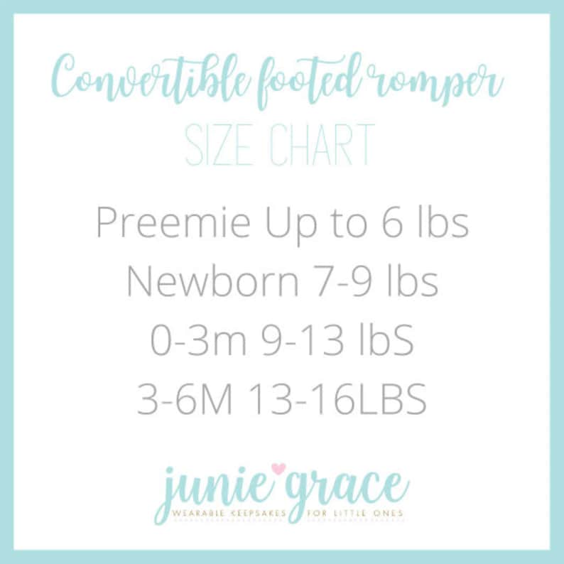 May include: Size chart for a convertible footed romper. The chart shows the weight range for each size: Preemie (up to 6 lbs), Newborn (7-9 lbs), 0-3 months (9-13 lbs), and 3-6 months (13-16 lbs). The chart is labeled "Convertible Footed Romper Size Chart" and "junie grace wearable keepsakes for little ones".