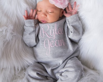 Newborn Girl Clothes Newborn Girl Coming Home Outfit Baby Girl Gift Personalized Outfit Monogrammed Outfit Newborn Headband Take Home Outfit