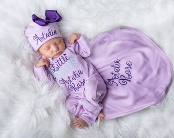 Baby Girl Clothes, Baby Girl Coming Home Outfit, Baby Girl Personalized Gift, Personalized Baby Blanket, Swaddle and Hat Set, Newborn Hat