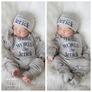 Baby Boy Clothes Baby Boy Coming Home Outfit Hello World Outfit Personalized Baby Boy Outfit Baby Boy Gift Newborn Boy Outfit Newborn Hat