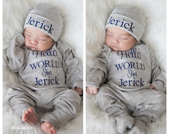 Baby Boy Clothes Baby Boy Coming Home Outfit Hello World Outfit Personalized Baby Boy Outfit Baby Boy Gift Newborn Boy Outfit Newborn Hat