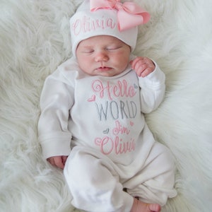 Baby Girl Coming Home Outfit Baby Girl Clothes Personalized Baby Girl Gift Hello World Outfit Newborn Girl Clothes Newborn Girl Hat