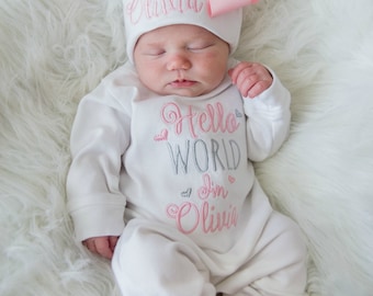 Baby Girl Coming Home Outfit Baby Girl Clothes Personalized Baby Girl Gift Hello World Outfit Newborn Girl Clothes Newborn Girl Hat