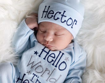 Newborn Coming Home Outfit Pregnancy Announcement Embroidered Baby Outfit With Name Personalized Baby Romper Newborn Gift Newborn Hat