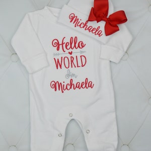 Newborn Girl Coming Home Outfit Newborn Girl Clothes Hello World Outfit Baby Girl Gift Baby Girl Clothes Personalized Baby Girl Outfit