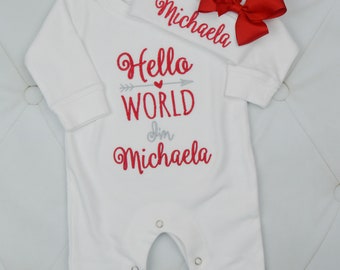 Newborn Girl Coming Home Outfit Newborn Girl Clothes Hello World Outfit Baby Girl Gift Baby Girl Clothes Personalized Baby Girl Outfit