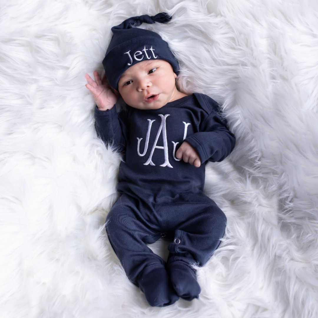 Junie Grace Monogrammed Baby Boy Outfit- Navy Blue