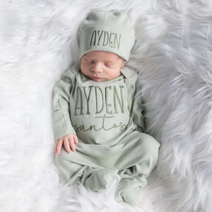 Baby Boy Coming Home Outfit Sage Baby Boy Clothes Baby Boy Gift Newborn Boy Outfit Monogrammed Baby Boy Outfit Newborn Hat Newborn Gift