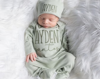 Monogrammed Sage Baby Boy Coming Home Outfit: Newborn Romper & Hat