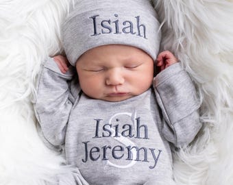 Baby Boy Clothes Baby Boy Coming Home Outfit Baby Boy Gift Newborn Boy Outfit Monogrammed Baby Boy Outfit Newborn Hat Newborn Gift
