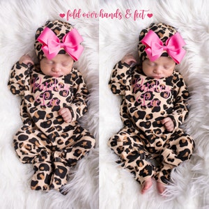 Leopard Print Baby Girl Coming Home Outfit: Personalized Newborn Romper & Hat