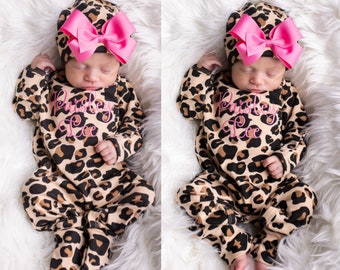 Leopard Print Baby Girl Coming Home Outfit: Personalized Newborn Romper & Hat