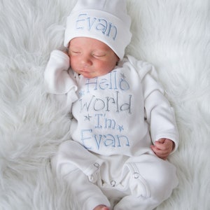 Baby Boy Coming Home Outfit Baby Boy Clothes Baby Boy Gift Personalized Baby Boy Outfit Hello World Outfit Baby Boy Convertible Sleeper image 3