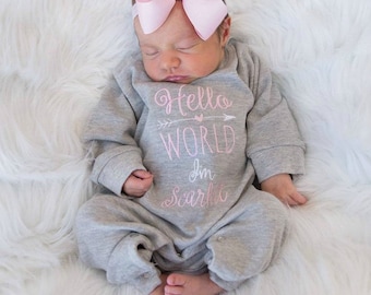 Newborn Girl Coming Home Outfit Newborn Girl Clothes Hello World Outfit Baby Girl Gift Baby Girl Clothes Personalized Baby Girl Outfit