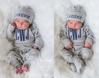 Baby Boy Clothes Baby Boy Coming Home Outfit Baby Boy Gift Newborn Boy Clothes  Newborn Boy Outfit Monogrammed Baby Boy Outfit Newborn Hat