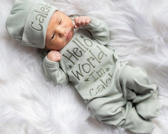 Baby Boy Coming Home Outfit Baby Boy Clothes Baby Boy Gift Personalized Baby Boy Outfit Hello World Outfit Baby Boy Baby Shower Gift Sage