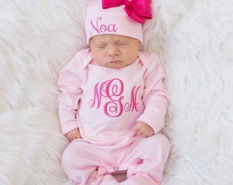 Newborn Girl Coming Home Outfit Newborn Girl Clothes Personalized Baby Girl Gift Personalized Baby Girl Outfit Newborn Hat Newborn Sleeper
