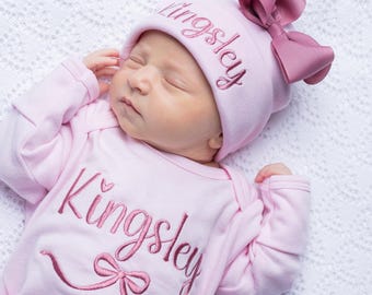 Baby Girl Clothes Baby Girl Coming Home Outfit Newborn Baby Girl Clothes Custom Gift For Baby Girl Personalized Outfit Newborn Hat