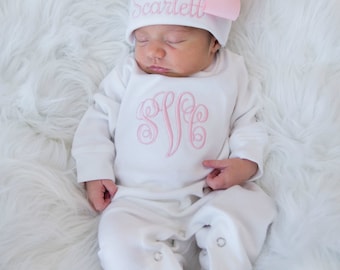 Newborn Girl Coming Home Outfit Newborn Girl Outfit Personalized Baby Girl Gift Baby Girl Coming Home Outfit Baby Girl Clothes Baby Girl Hat