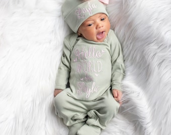Baby Girl Coming Home Outfit Baby Girl Clothes Personalized Baby Girl Gift Sage Baby Girl Outfit Personalized Newborn Girl Clothes