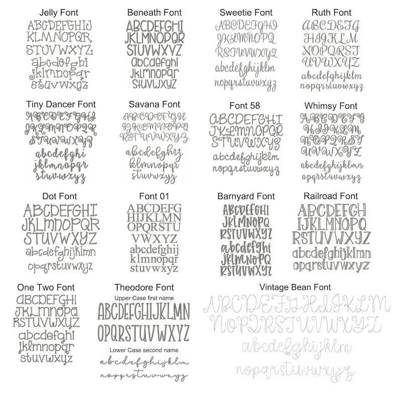 May include: A chart of different font styles, each with the alphabet in uppercase and lowercase letters. The fonts are named "Jelly", "Beneath", "Sweetie", "Ruth", "Tiny Dancer", "Savana", "Font 58", "Whimsy", "Dot", "Font 01", "Barnyard", "Railroad", "One Two", "Theodore", and "Vintage Bean".