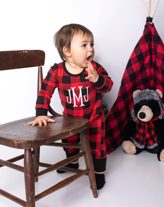Personalized Boy Christmas Pajamas Personalized Boy Romper Personalized Boy Buffalo Plaid Outfit Buffalo Plaid Pajamas Buffalo Plaid Romper Etsy