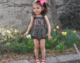 Girls Summer Clothes, Girls Summer Outfit, Monogrammed Girls Bubble Romper, Monogrammed Leopard Print Summer Clothes, Girls Bubble Romper