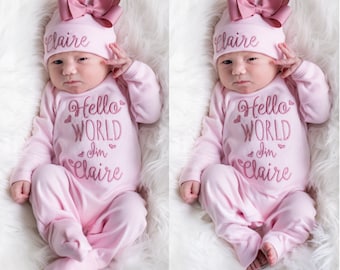 Baby Girl Coming Home Outfit Baby Girl Clothes Personalized Baby Girl Gift Personalized Baby Girl Outfit Newborn Girl Clothes Newborn Hat